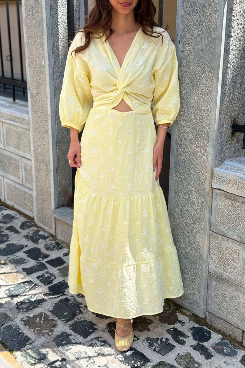 ONE COLOR EMBROIDERED V NECK WOMAN DRESS YELLOW/E VERDHE - 2
