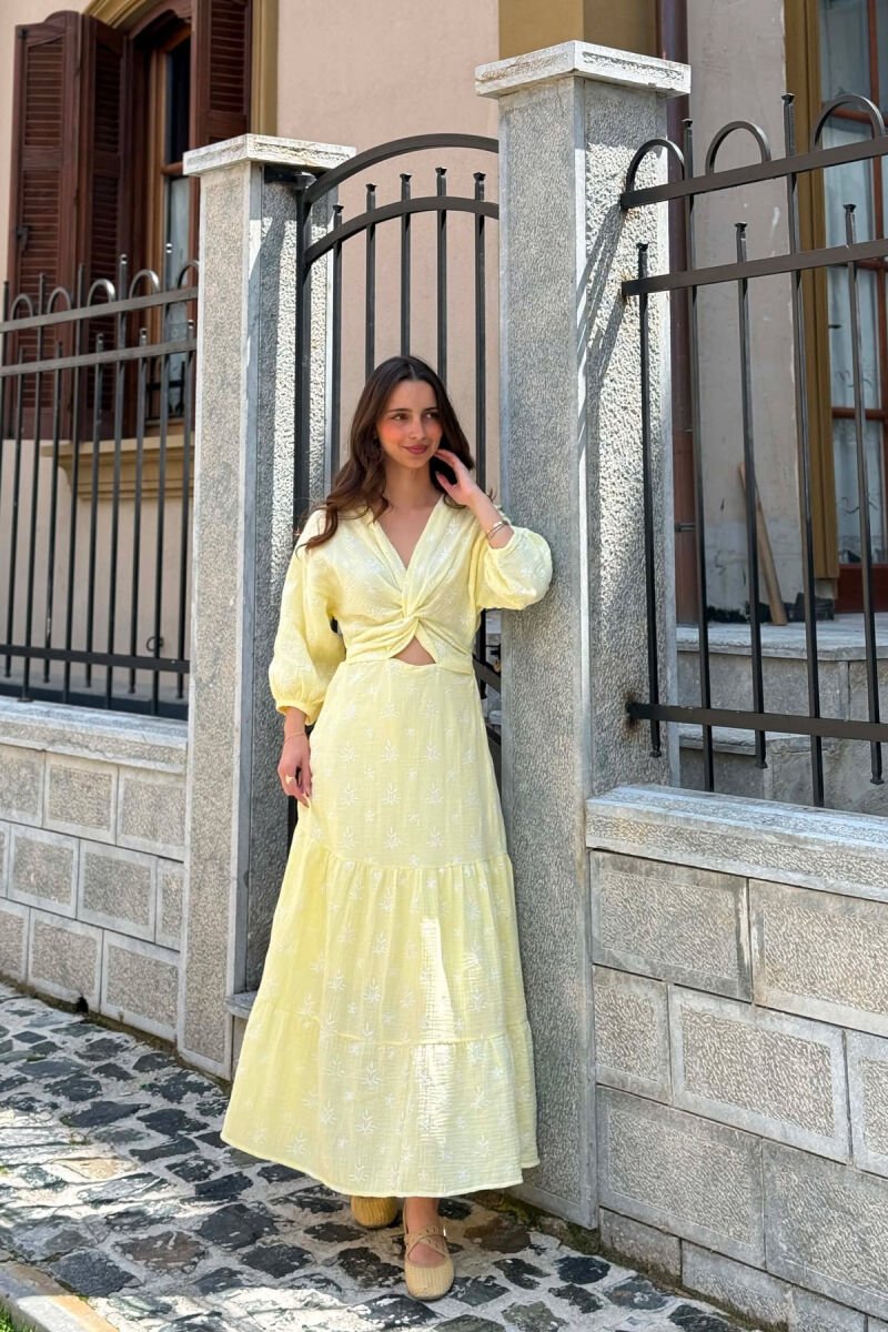 ONE COLOR EMBROIDERED V NECK WOMAN DRESS YELLOW/E VERDHE - 4