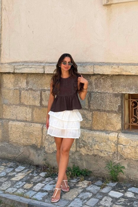 ONE COLOR EMBROIDERED WOMAN TANK TOP BROWN/KAFE - KLAUDIO FASHION