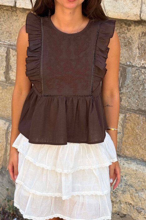 ONE COLOR EMBROIDERED WOMAN TANK TOP BROWN/KAFE - 6