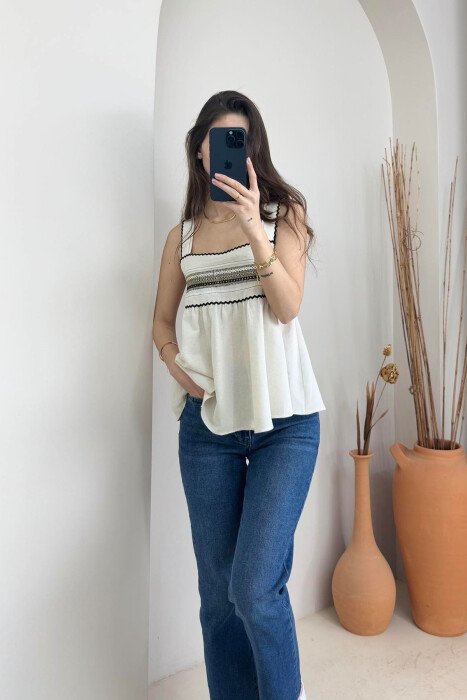 ONE COLOR EMBROIDERED WOMEN TANK TOP CREAM/KREM - 6