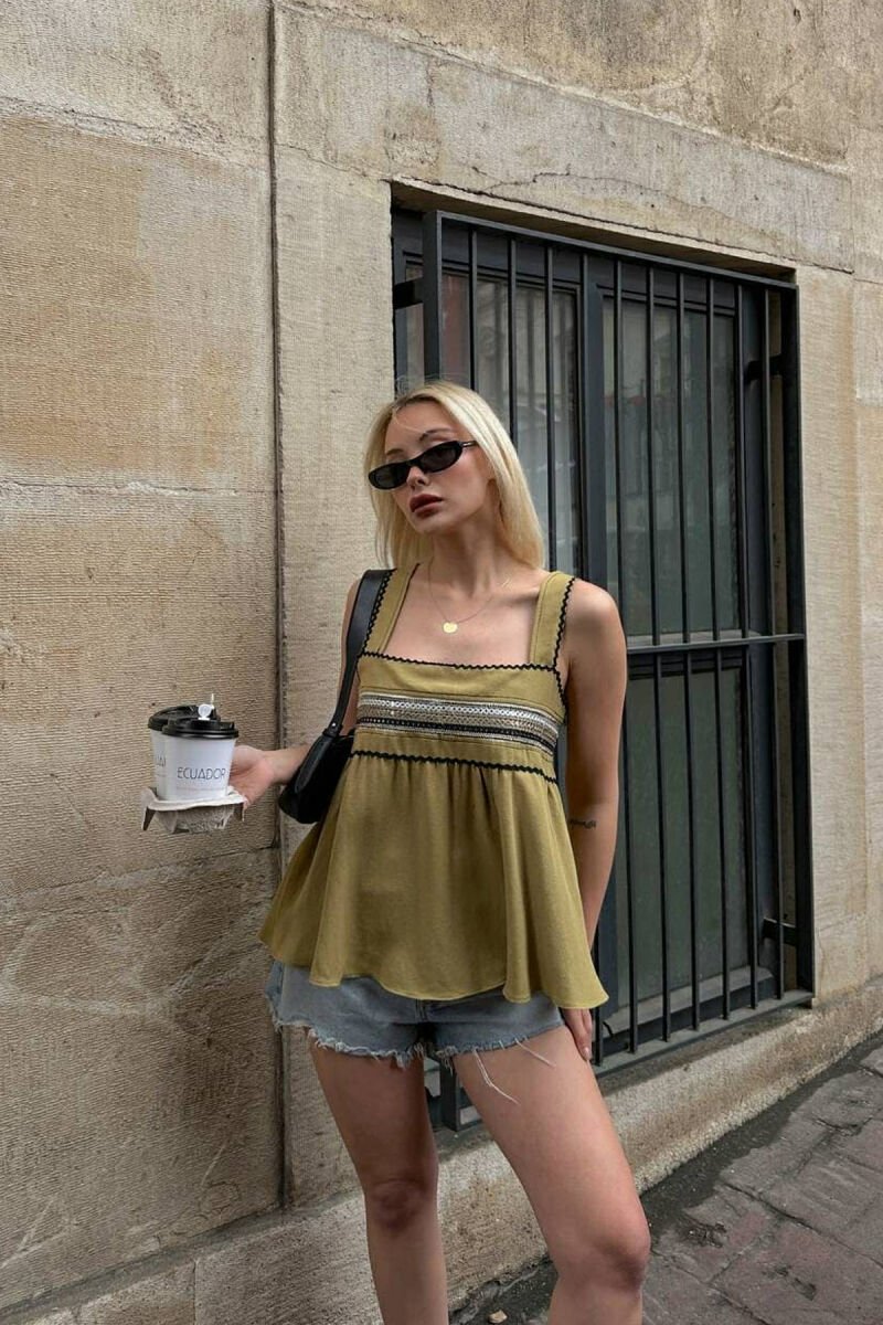 ONE COLOR EMBROIDERED WOMEN TANK TOP OLIVE/ULLI - 3