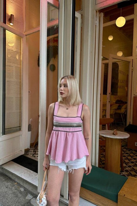 ONE COLOR EMBROIDERED WOMEN TANK TOP PINK/ROZE - 1