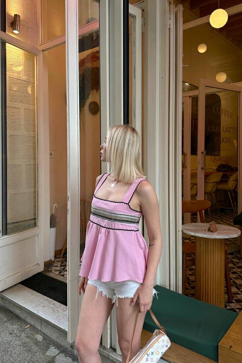 ONE COLOR EMBROIDERED WOMEN TANK TOP PINK/ROZE - 2