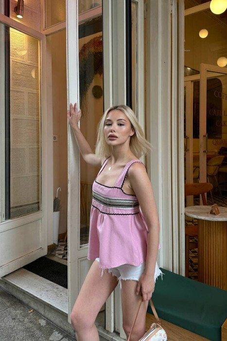 ONE COLOR EMBROIDERED WOMEN TANK TOP PINK/ROZE - 5