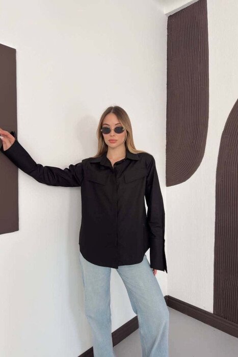 ONE COLOR FAKE POCKETS WOMAN SHIRT BLACK/ E ZEZE - 3