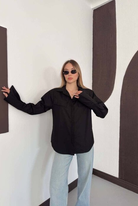 ONE COLOR FAKE POCKETS WOMAN SHIRT BLACK/ E ZEZE - 4