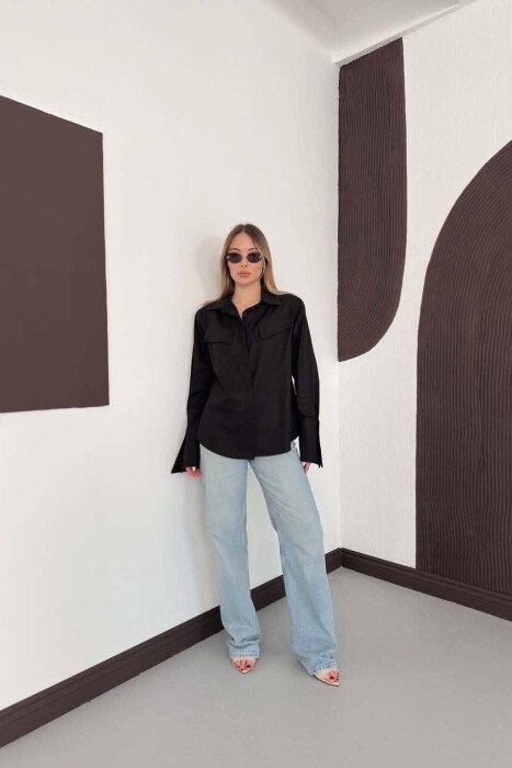 ONE COLOR FAKE POCKETS WOMAN SHIRT BLACK/ E ZEZE - 6