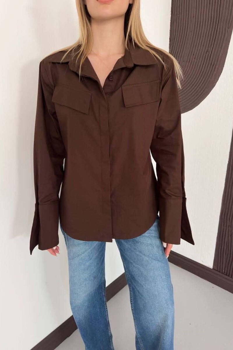 ONE COLOR FAKE POCKETS WOMAN SHIRT BROWN/KAFE - 5