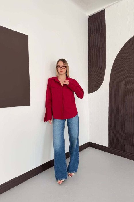 ONE COLOR FAKE POCKETS WOMAN SHIRT BURGUNDY/VISHNJE - 3