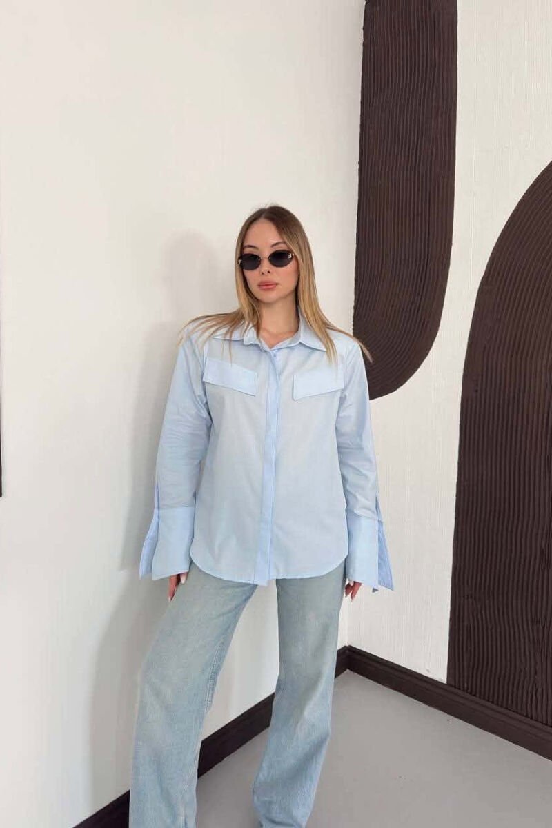 ONE COLOR FAKE POCKETS WOMAN SHIRT LIGHTBLUE/BZ - 1