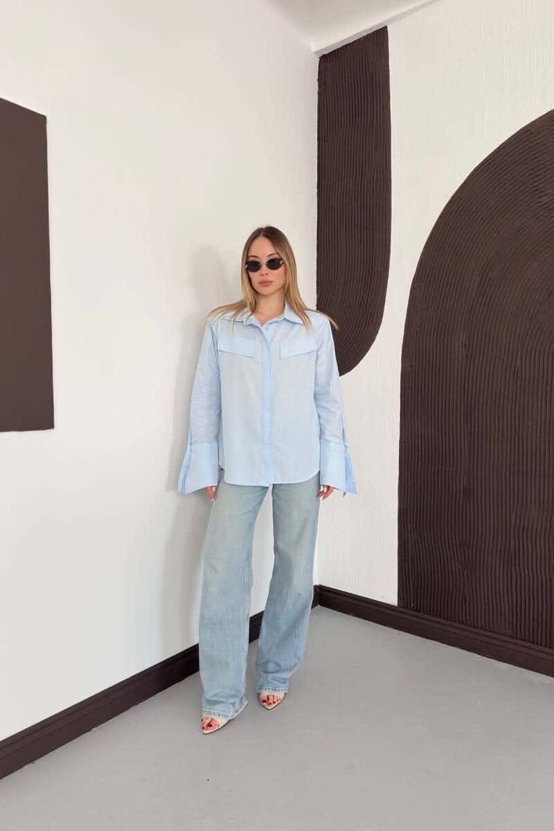 ONE COLOR FAKE POCKETS WOMAN SHIRT LIGHTBLUE/BZ - 2