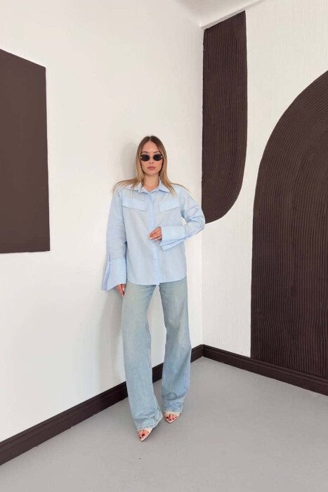 ONE COLOR FAKE POCKETS WOMAN SHIRT LIGHTBLUE/BZ - 3