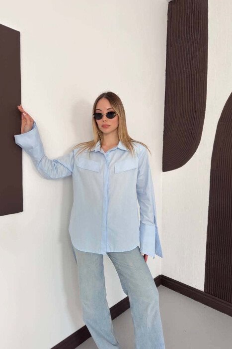 ONE COLOR FAKE POCKETS WOMAN SHIRT LIGHTBLUE/BZ - 5