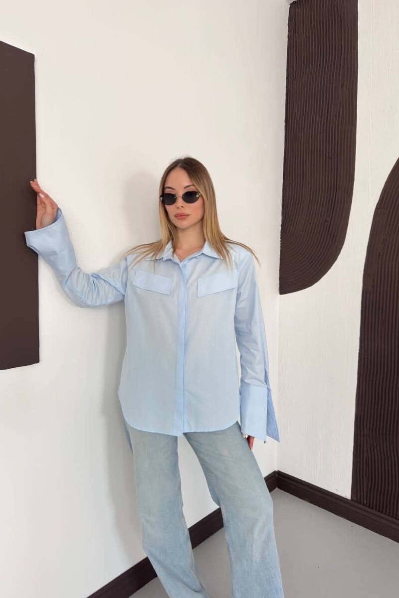ONE COLOR FAKE POCKETS WOMAN SHIRT LIGHTBLUE/BZ - 5