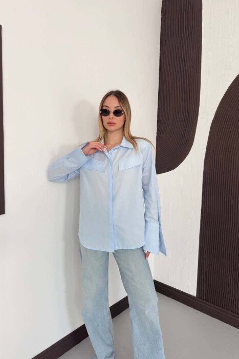 ONE COLOR FAKE POCKETS WOMAN SHIRT LIGHTBLUE/BZ - 6