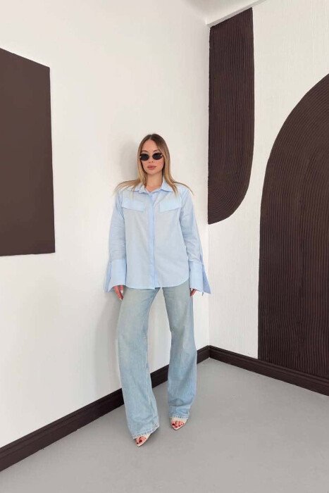 ONE COLOR FAKE POCKETS WOMAN SHIRT LIGHTBLUE/BZ - 7
