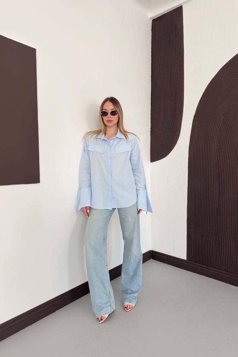 ONE COLOR FAKE POCKETS WOMAN SHIRT LIGHTBLUE/BZ - 7