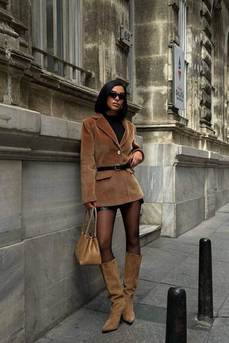 ONE COLOR FAKE POCKETS WOMEN COAT BROWN/KAFE - 1