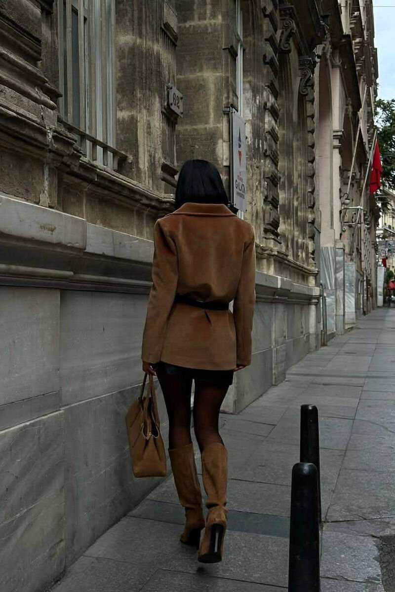 ONE COLOR FAKE POCKETS WOMEN COAT BROWN/KAFE - 3