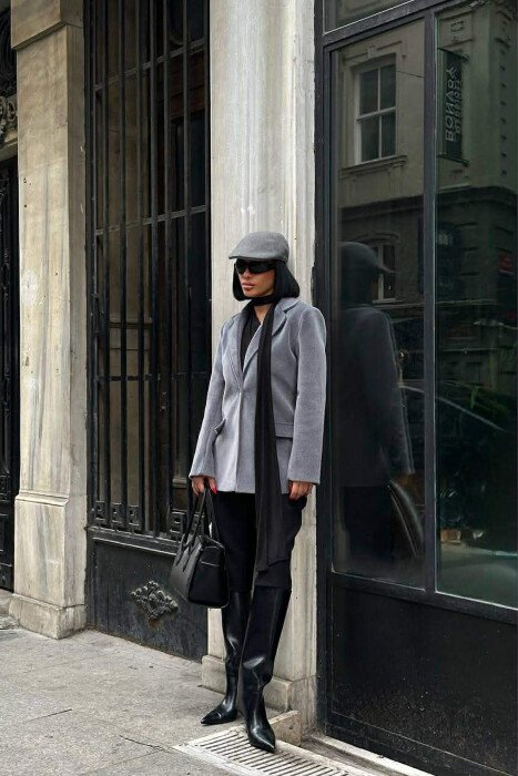 ONE COLOR FAKE POCKETS WOMEN COAT GREY/GRI - KLAUDIO FASHION
