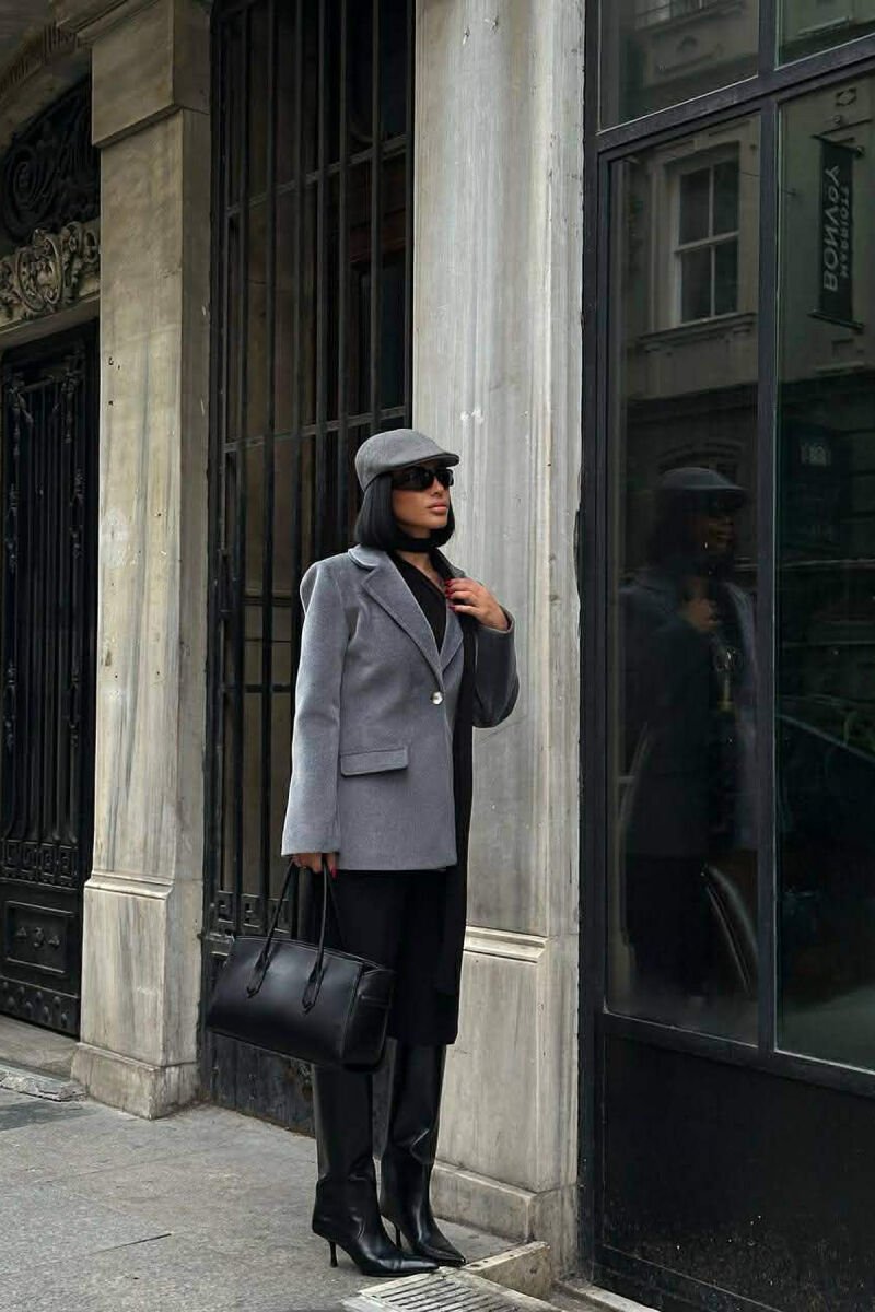 ONE COLOR FAKE POCKETS WOMEN COAT GREY/GRI - 3