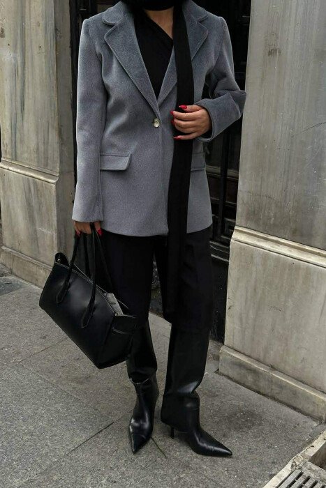ONE COLOR FAKE POCKETS WOMEN COAT GREY/GRI - 4
