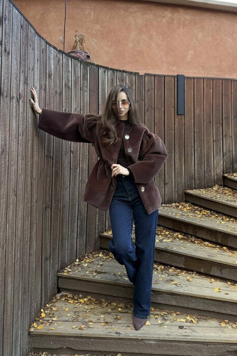 ONE COLOR FAUX FUR ELASTIC WAIST WOMEN JACKET BROWN/KAFE - 1