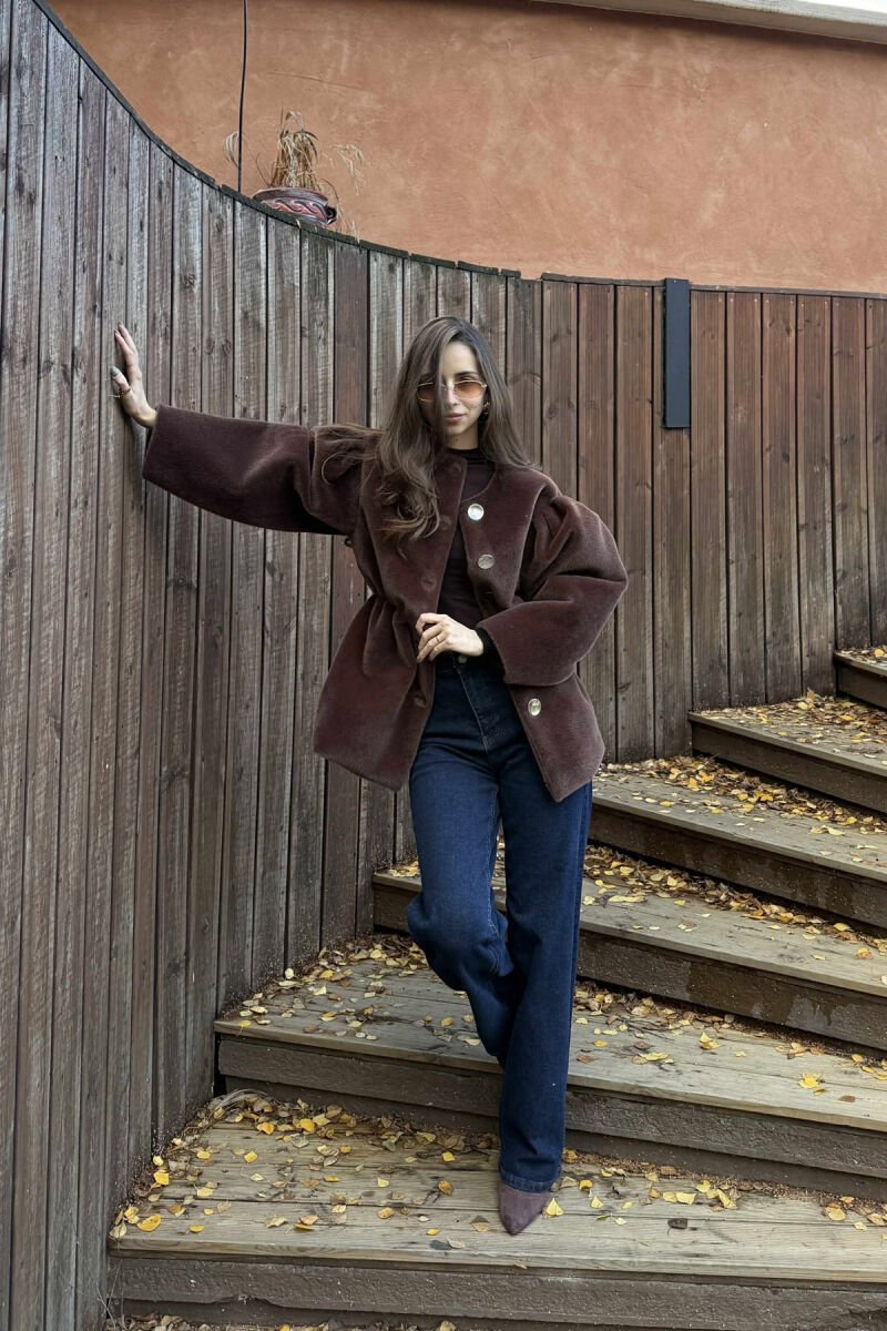 ONE COLOR FAUX FUR ELASTIC WAIST WOMEN JACKET BROWN/KAFE - 1