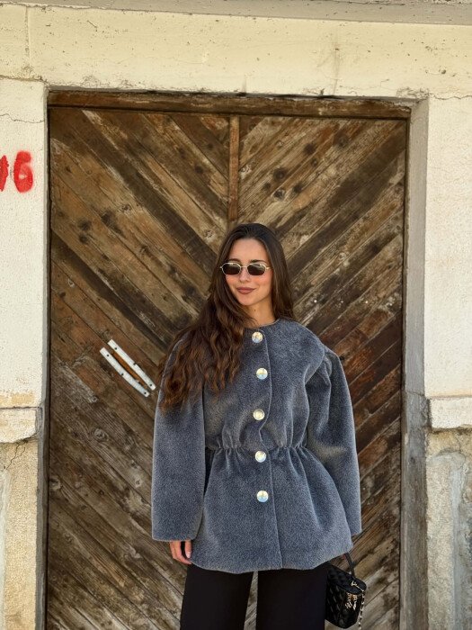 ONE COLOR FAUX FUR ELASTIC WAIST WOMEN JACKET GREY/GRI - 3