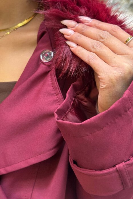 ONE COLOR FAUX FUR NECK DETAIL WOMEN JACKET BURGUNDY/VISHNJE - 6