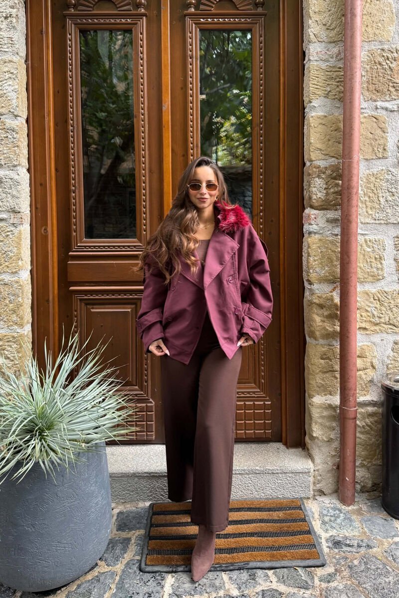 ONE COLOR FAUX FUR NECK DETAIL WOMEN JACKET DARK BURGUNDY/VISHNJE E ERRET - 4