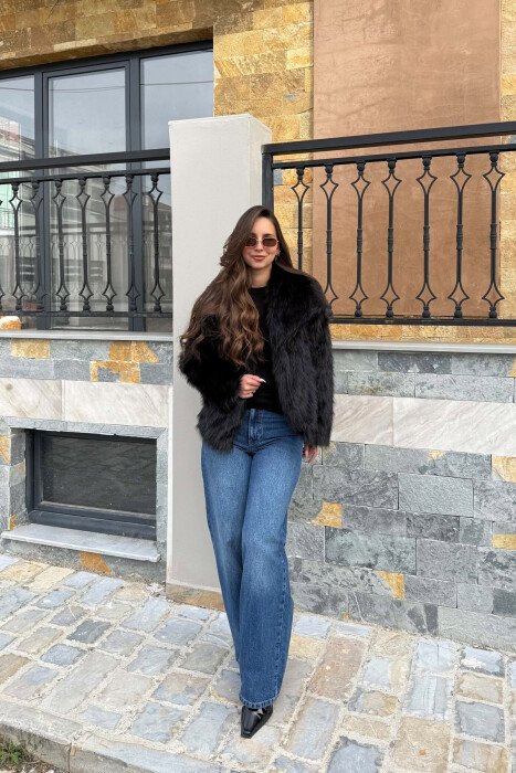 ONE COLOR FAUX FUR WOMAN COAT BLACK/ E ZEZE - 4