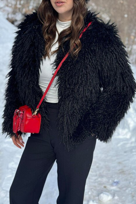 ONE COLOR FAUX FUR WOMAN COAT BLACK/ E ZEZE - 4