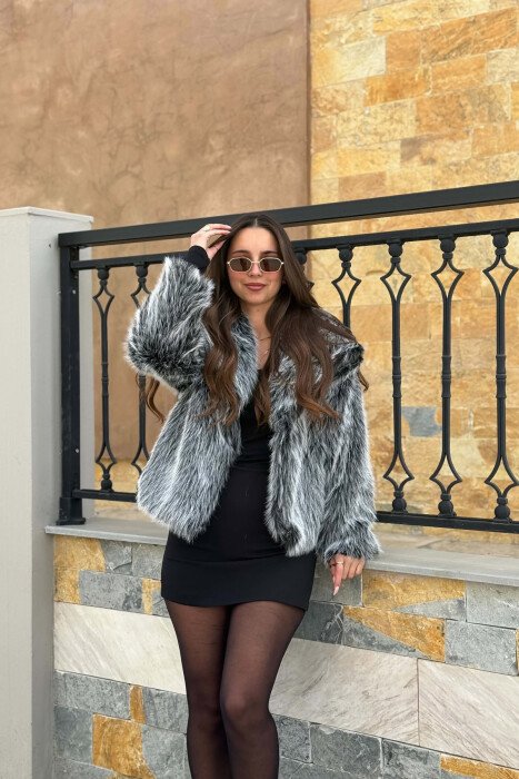 ONE COLOR FAUX FUR WOMAN COAT BLACK-GREY/ZEGR 