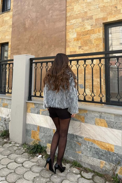 ONE COLOR FAUX FUR WOMAN COAT BLACK-GREY/ZEGR - 2