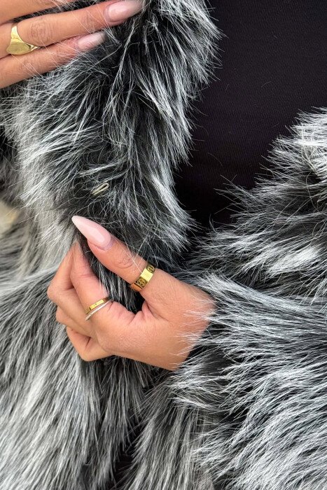 ONE COLOR FAUX FUR WOMAN COAT BLACK-GREY/ZEGR - 5