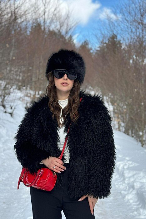 ONE COLOR FAUX FUR WOMAN COAT BLACK/ E ZEZE - KLAUDIO FASHION