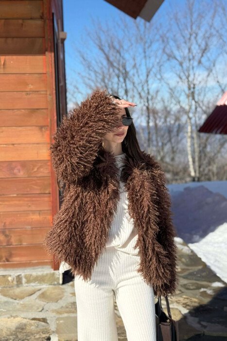 ONE COLOR FAUX FUR WOMAN COAT BROWN/KAFE - 7