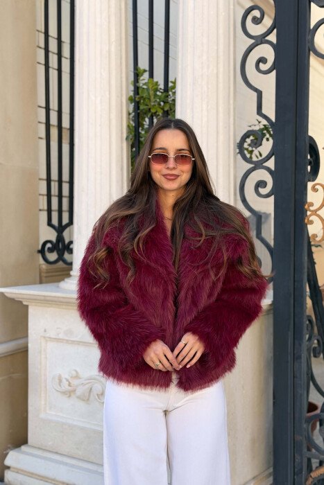 ONE COLOR FAUX FUR WOMAN COAT BURGUNDY/VISHNJE - KLAUDIO FASHION