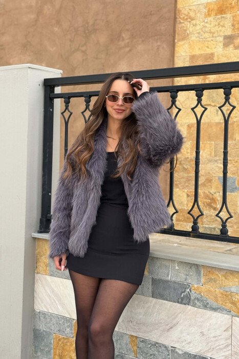 ONE COLOR FAUX FUR WOMAN COAT DARK GREY/GEE - 1