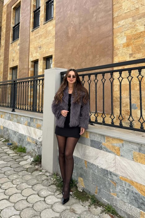 ONE COLOR FAUX FUR WOMAN COAT DARK GREY/GEE - 2