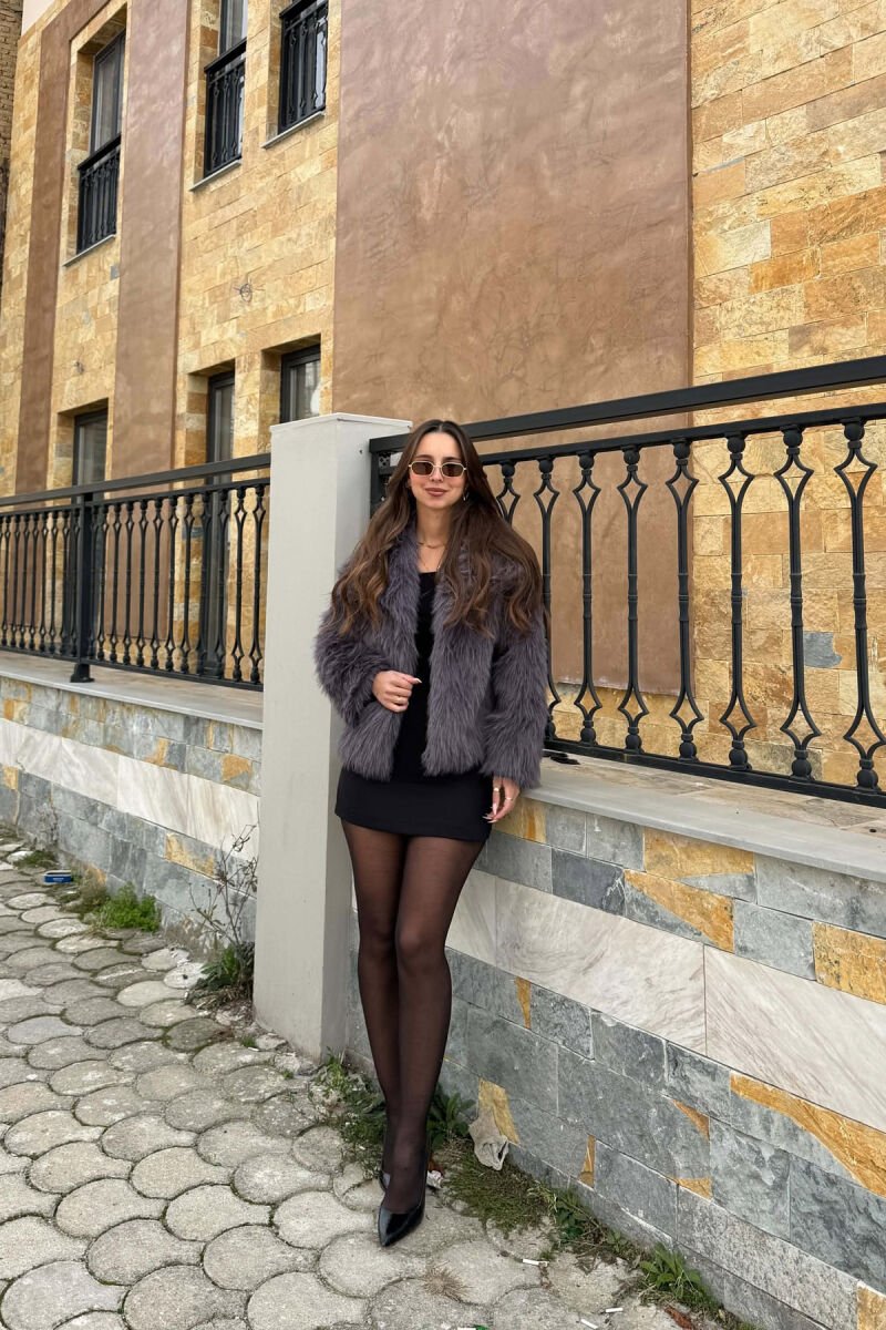 ONE COLOR FAUX FUR WOMAN COAT DARK GREY/GEE - 2