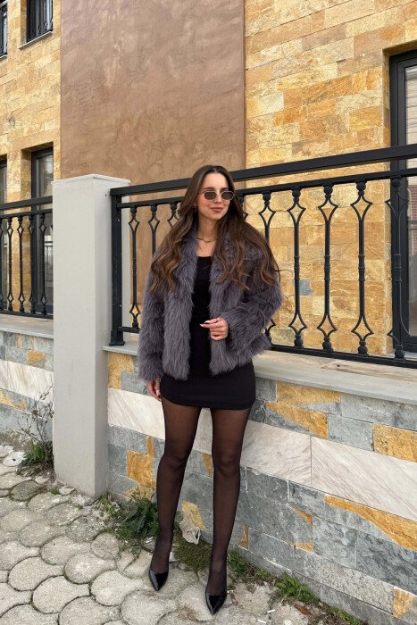 ONE COLOR FAUX FUR WOMAN COAT DARK GREY/GEE - 3