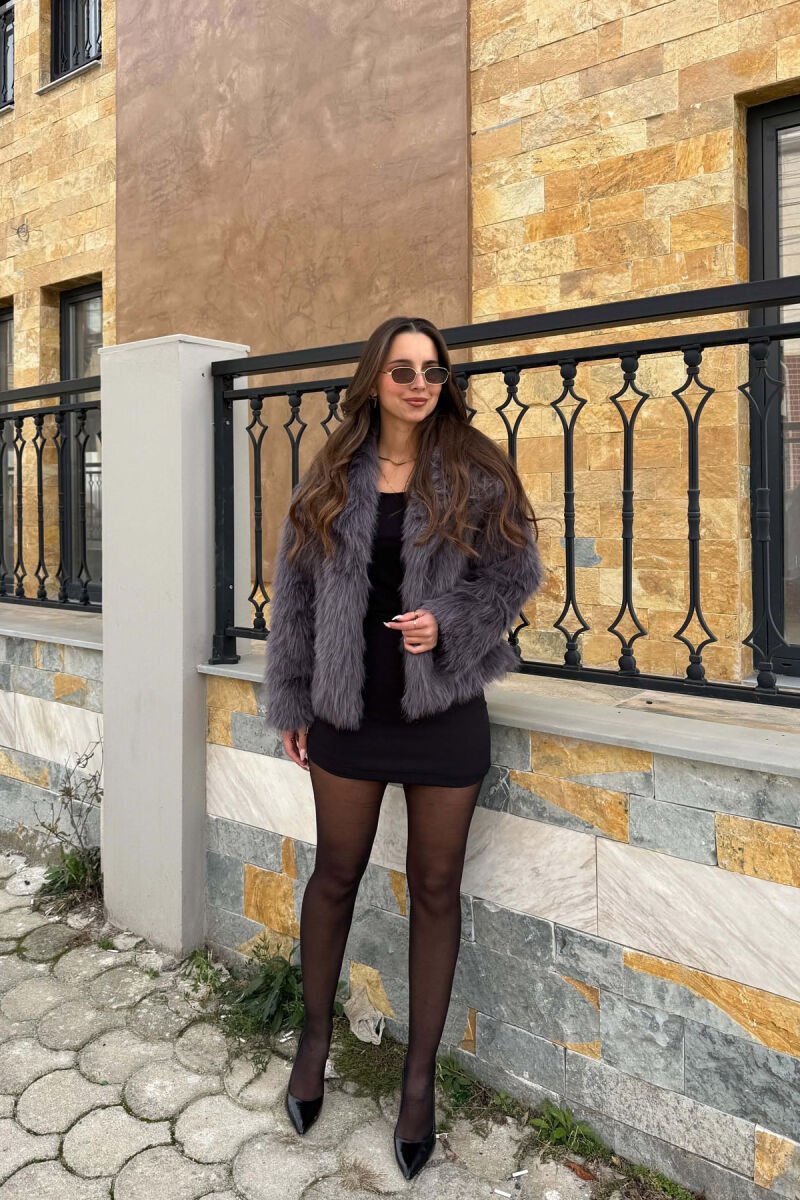 ONE COLOR FAUX FUR WOMAN COAT DARK GREY/GEE - 3