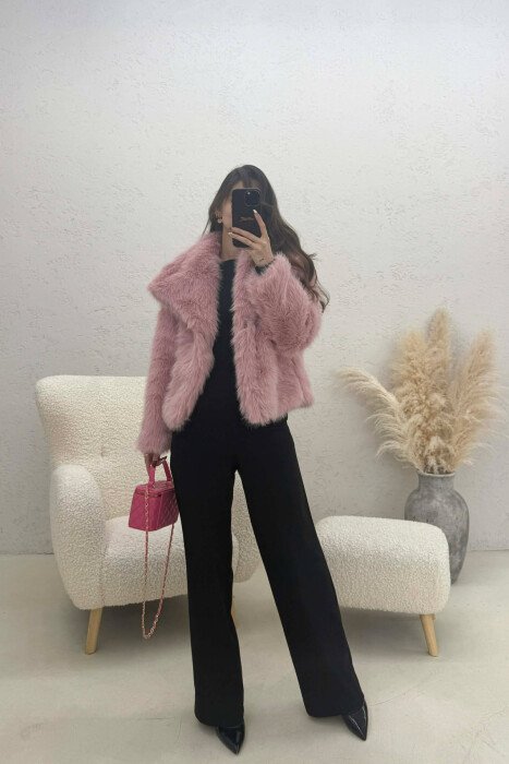 ONE COLOR FAUX FUR WOMAN COAT PINK/ROZE - 4