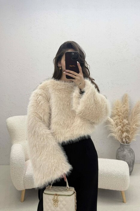 ONE COLOR FAUX FUR WOMAN SWEATSHIRT BEIGE/BEZHE - 1