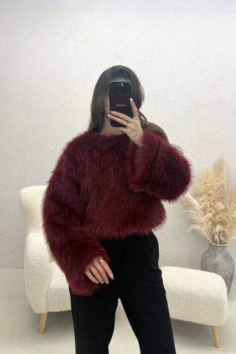 ONE COLOR FAUX FUR WOMAN SWEATSHIRT BURGUNDY/VISHNJE - 1