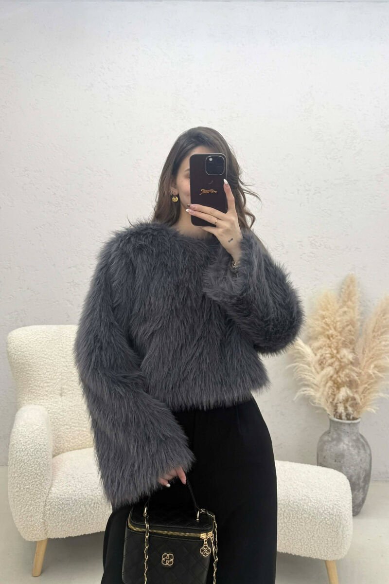 ONE COLOR FAUX FUR WOMAN SWEATSHIRT DARK GREY/GEE - 1