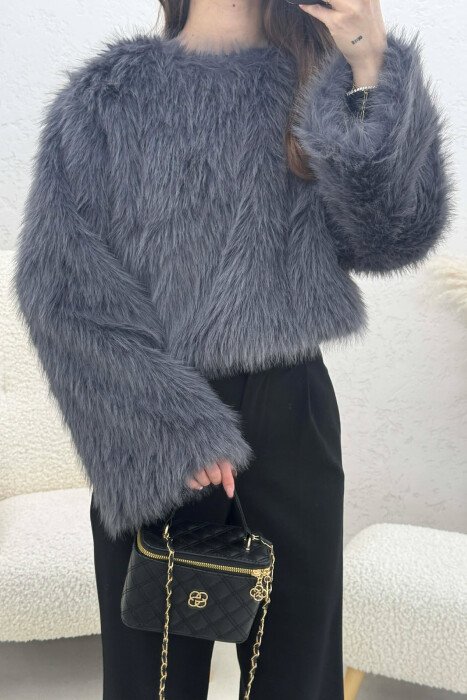 ONE COLOR FAUX FUR WOMAN SWEATSHIRT DARK GREY/GEE - 2